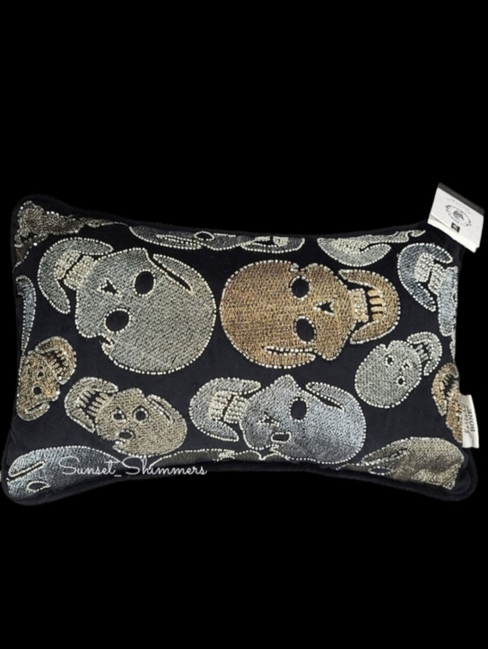 16" Beaded Silver & Bronze Embroidered Skull Halloween Lumbar Pillow Decor New